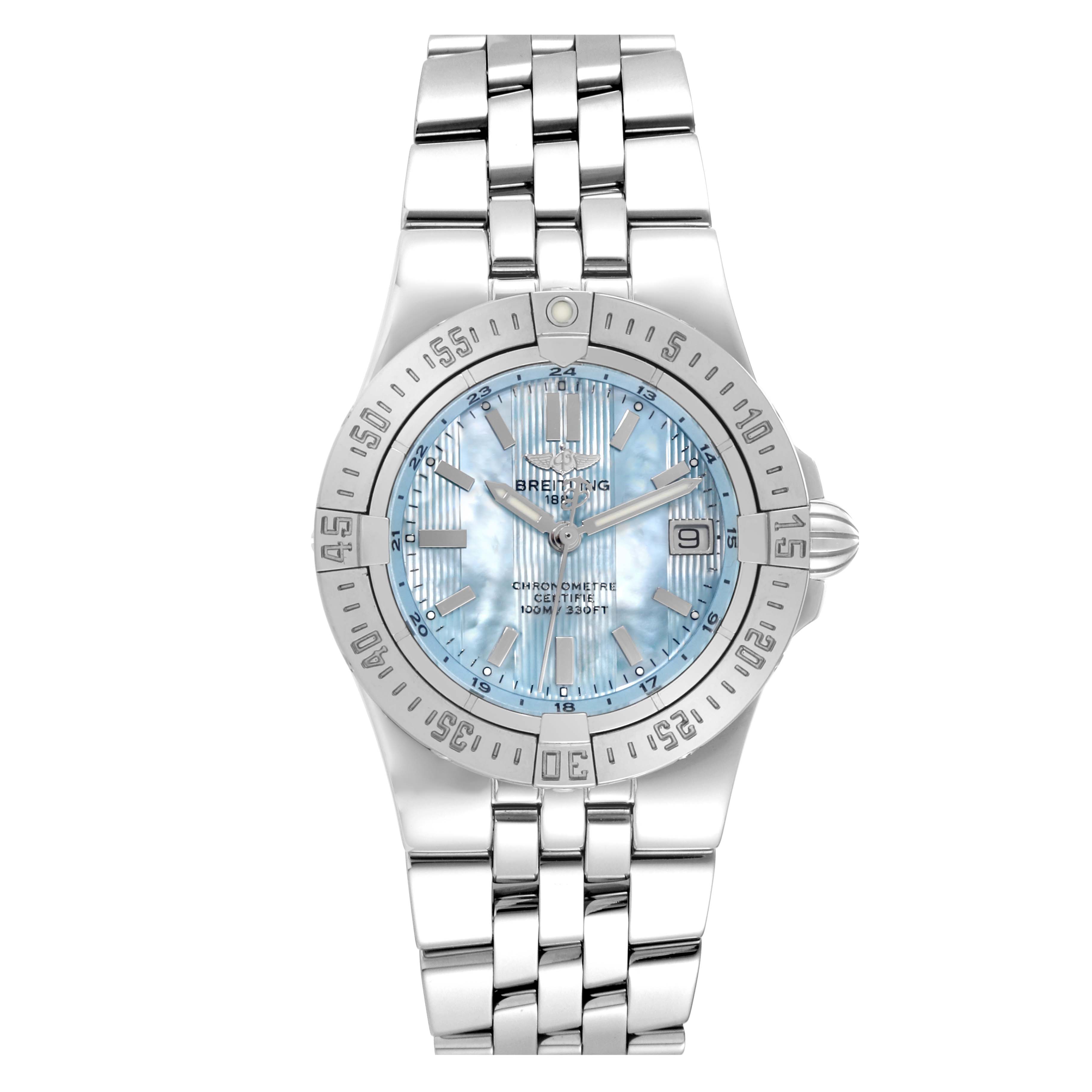 The image shows a front view of a Breitling A71340 Women's Stainless Steel Mother of Pearl Dial A71340 Women's Stainless Steel Mother of Pearl Dial Starliner Blue Mother of Pearl Dial Steel Ladies Watch A71340, displaying the dial, bezel, and bracelet.