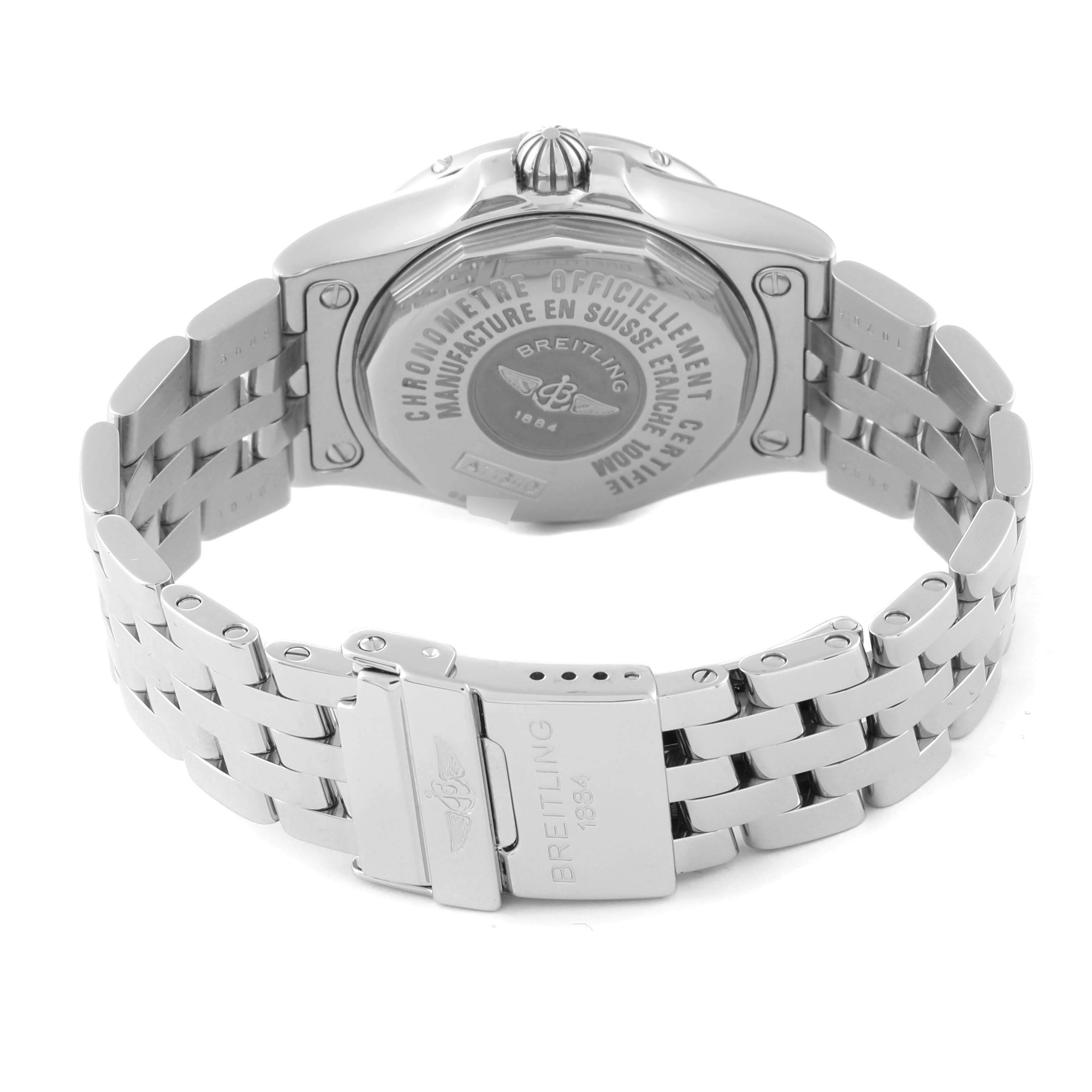 The image shows the back view of the Breitling A71340 Women's Stainless Steel Mother of Pearl Dial A71340 Women's Stainless Steel Mother of Pearl Dial Starliner Blue Mother of Pearl Dial Steel Ladies Watch A71340, highlighting the case back and bracelet.