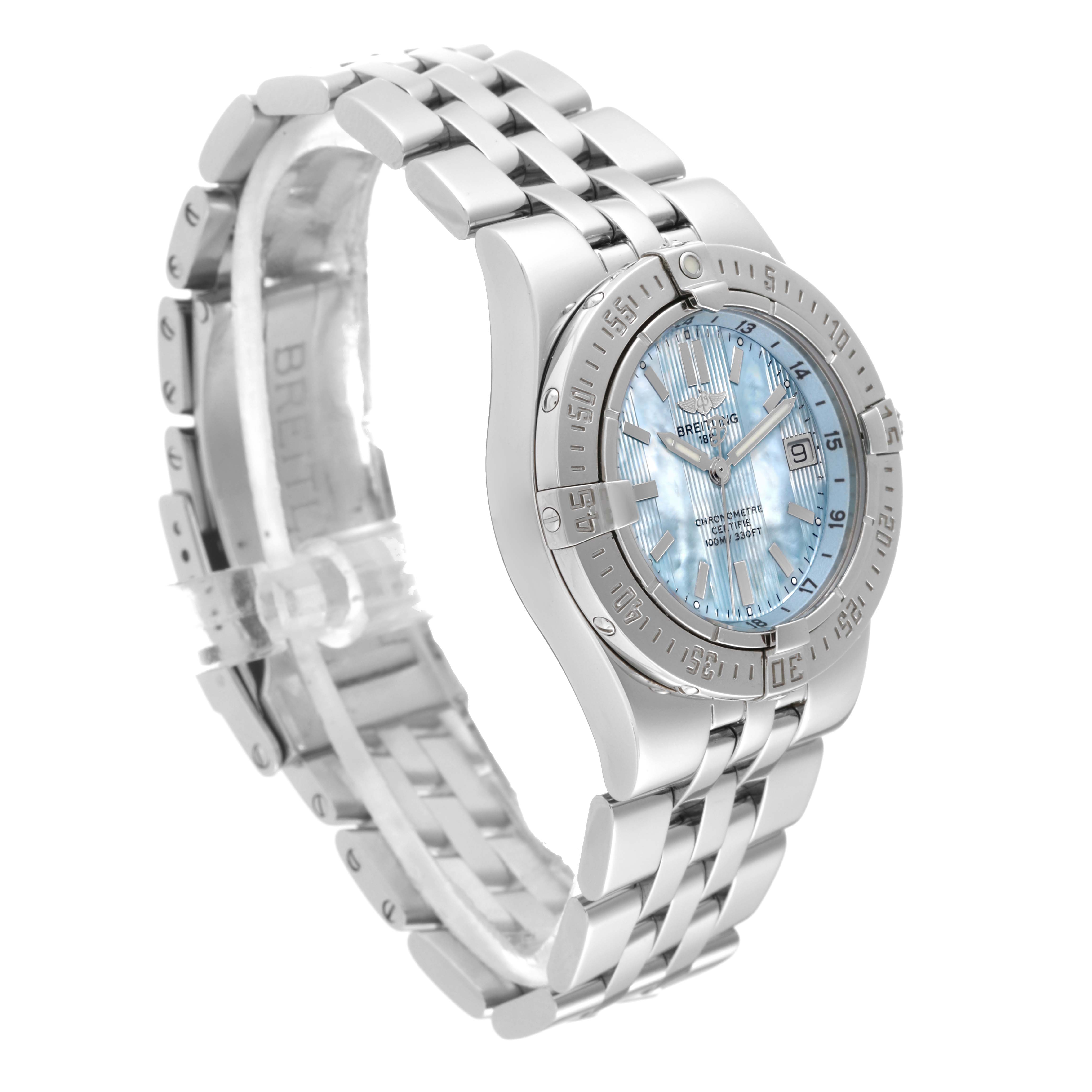 The Breitling A71340 Women's Stainless Steel Mother of Pearl Dial A71340 Women's Stainless Steel Mother of Pearl Dial Starliner A71340 Ladies Watch is shown at a three-quarter angle, highlighting its blue mother of pearl dial, bezel, and bracelet.