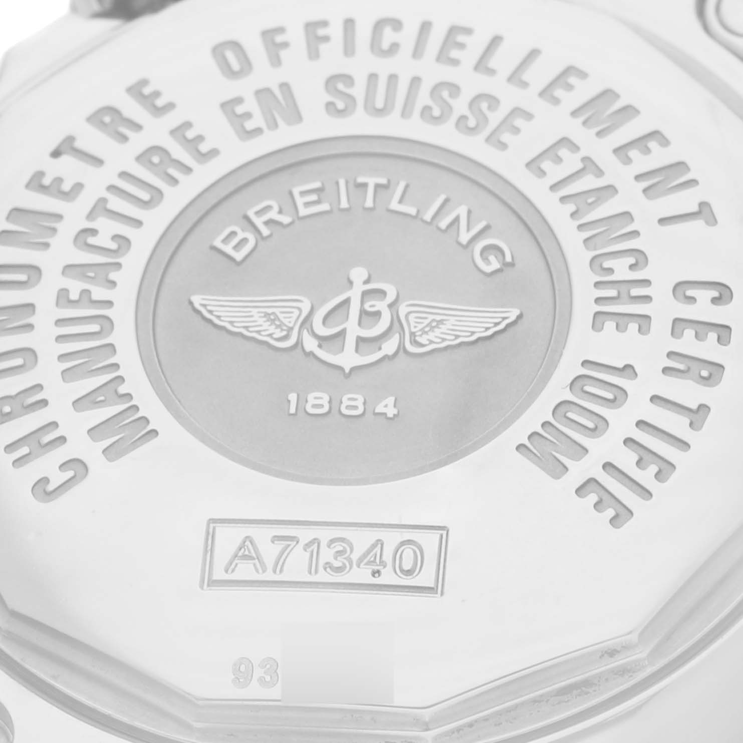 This image shows the back case of the Breitling A71340 Women's Stainless Steel Mother of Pearl Dial A71340 Women's Stainless Steel Mother of Pearl Dial Starliner Blue Mother of Pearl Dial Steel Ladies Watch A71340 model.