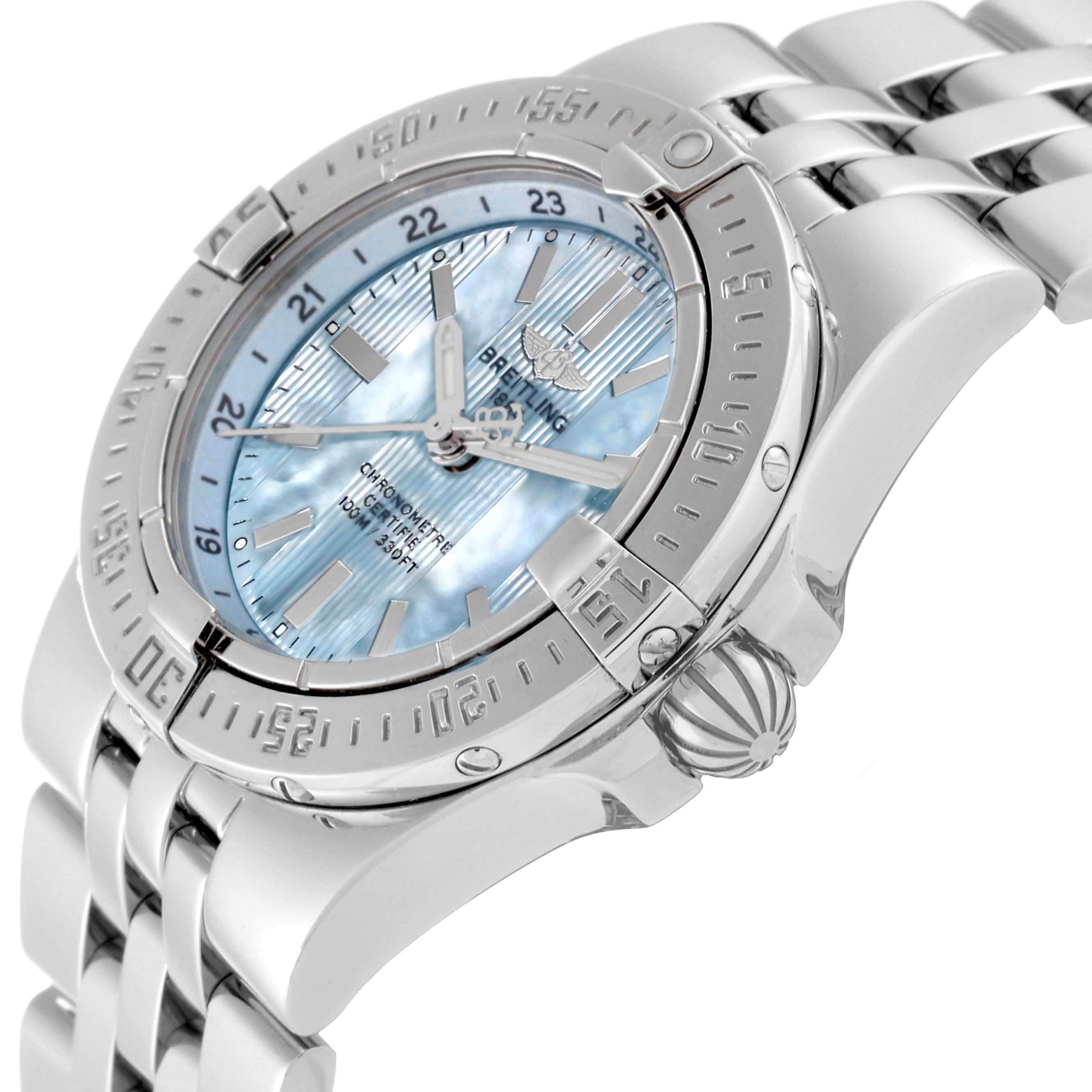 The image shows a close-up view of the Breitling A71340 Women's Stainless Steel Mother of Pearl Dial A71340 Women's Stainless Steel Mother of Pearl Dial Starliner Blue Mother of Pearl Dial Steel Ladies Watch A71340, focusing on the dial and bezel.