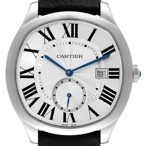 This is a front view of the Drive de Cartier watch by Cartier, showing the dial, hands, date window, and part of the strap.