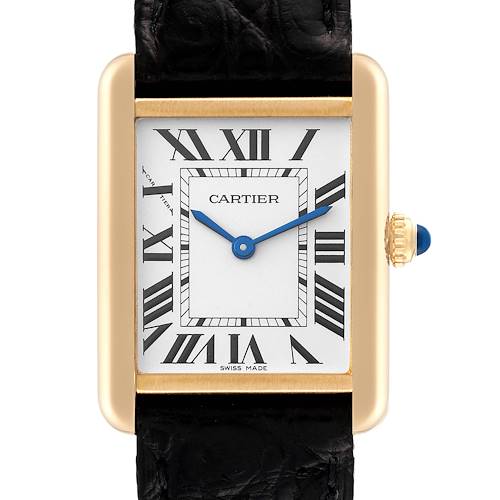 The image shows a front view of the Cartier Tank Solo W5200002 Women's Yellow Gold Silver Dial W5200002 Women's Yellow Gold Silver Dial watch face, highlighting the Roman numerals, blue hands, and black leather strap.