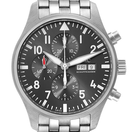 The image shows a front view of the IWC Pilot IW388102 Men's Stainless Steel Grey Dial IW388102 Men's Stainless Steel Grey Dial model watch, highlighting its dial, hands, subdials, crown, and pushers.