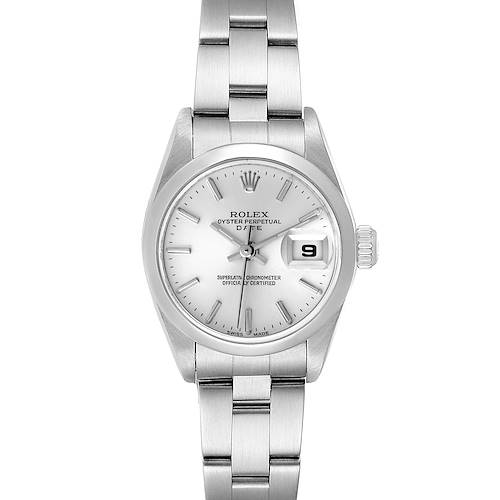 This image shows the front view of a Rolex Date 79160 Women's Stainless Steel Silver Dial 79160 Women's Stainless Steel Silver Dial model watch, featuring the dial, bracelet, and date complication.