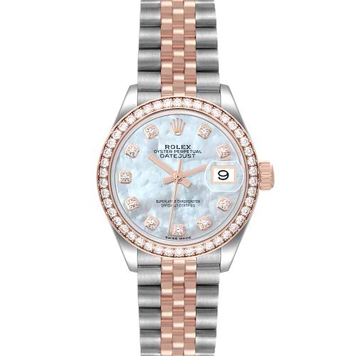 This is a frontal view of the Rolex Datejust 279381 Women's Steel and Gold (two tone) Mother of Pearl Dial 279381 Women's Steel and Gold (two tone) Mother of Pearl Dial watch, displaying its dial, bezel, crown, and jubilee bracelet.