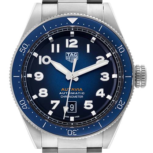 The image shows the face and bezel of a Tag Heuer Autavia WBE5116.EB0173 Men's Stainless Steel Blue Dial WBE5116.EB0173 Men's Stainless Steel Blue Dial watch in a front-facing angle.