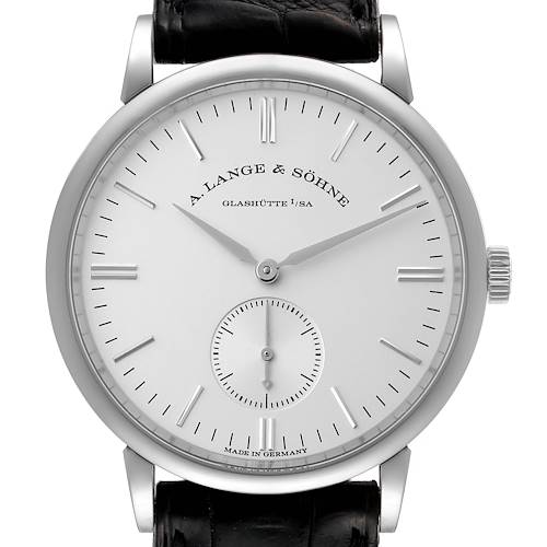 The image shows a front view of the A. Lange & Sohne Saxonia 219.026 Men's White Gold Silver Dial watch displaying its dial, hands, and leather strap.