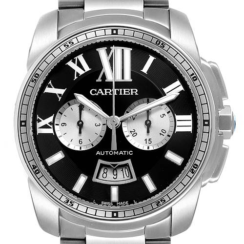 The image shows a front view of the Calibre de Cartier watch by Cartier, showcasing its dial, hands, subdials, and date window.