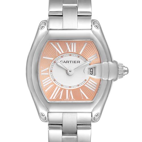 This image shows a front view of the Cartier Roadster W62054V3 Women's Stainless Steel Pink Dial W62054V3 Women's Stainless Steel Pink Dial watch, highlighting the dial, hands, date window, casing, and part of the bracelet.