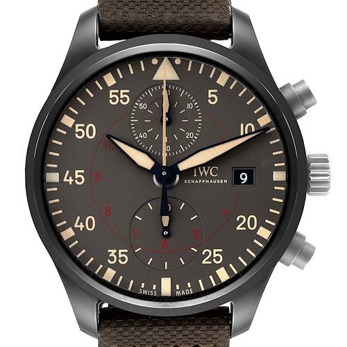 The IWC Pilot IW389002 Men's Ceramic Black Dial IW389002 Men's Ceramic Black Dial model watch is shown from a front angle, displaying the face, hands, dial, and crown.