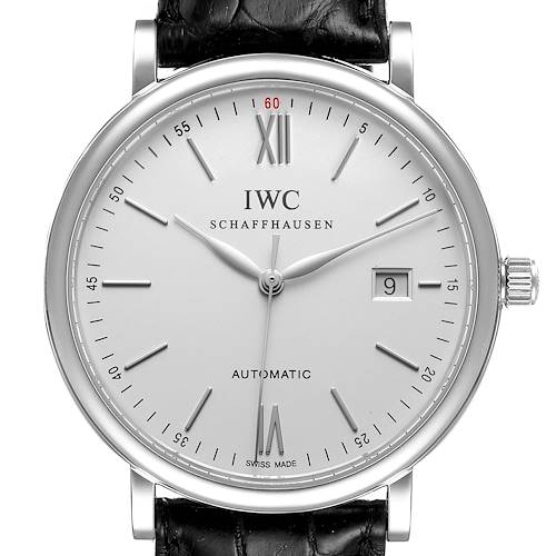 The image shows the front view of an IWC Portofino IW356501 Men's Stainless Steel Silver Dial IW356501 Men's Stainless Steel Silver Dial watch, highlighting its dial, hands, crown, and date window.