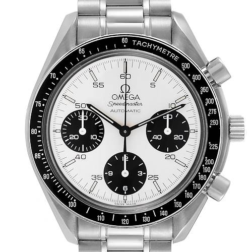 The image shows a front view of an Omega Speedmaster 3510.21.00 Men's Stainless Steel Silver Dial 3510.21.00 Men's Stainless Steel Silver Dial watch, highlighting the dial, bezel, and metal bracelet.