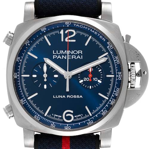 The Panerai Luminor PAM01303 Men's Stainless Steel Blue Dial PAM01303 Men's Stainless Steel Blue Dial watch is shown from the front, displaying the blue dial, subdials, and crown guard.