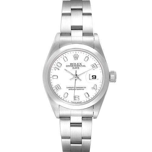 The image shows a front view of a Rolex Date 79160 Women's Stainless Steel White Dial 79160 Women's Stainless Steel White Dial model watch, displaying the face, bezel, and part of the bracelet.