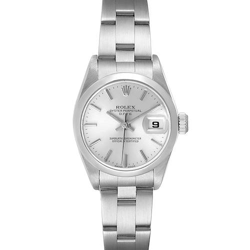 This image shows a front view of the Rolex Date 79160 Women's Stainless Steel Silver Dial 79160 Women's Stainless Steel Silver Dial watch, displaying the dial, bracelet, and crown.