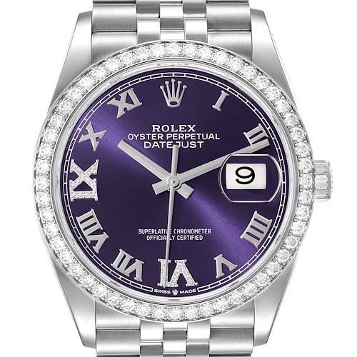 The image shows a front view of a Rolex Datejust 126284RBR Men's Stainless Steel Purple Dial 126284RBR Men's Stainless Steel Purple Dial watch, featuring a purple dial, diamond bezel, and Jubilee bracelet.