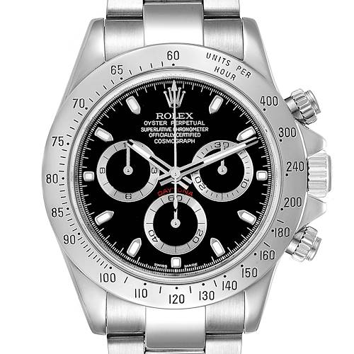 The image shows a frontal view of the Rolex Daytona 116520 Men's Stainless Steel Black Dial 116520 Men's Stainless Steel Black Dial watch, featuring the dial, bezel, and bracelet.