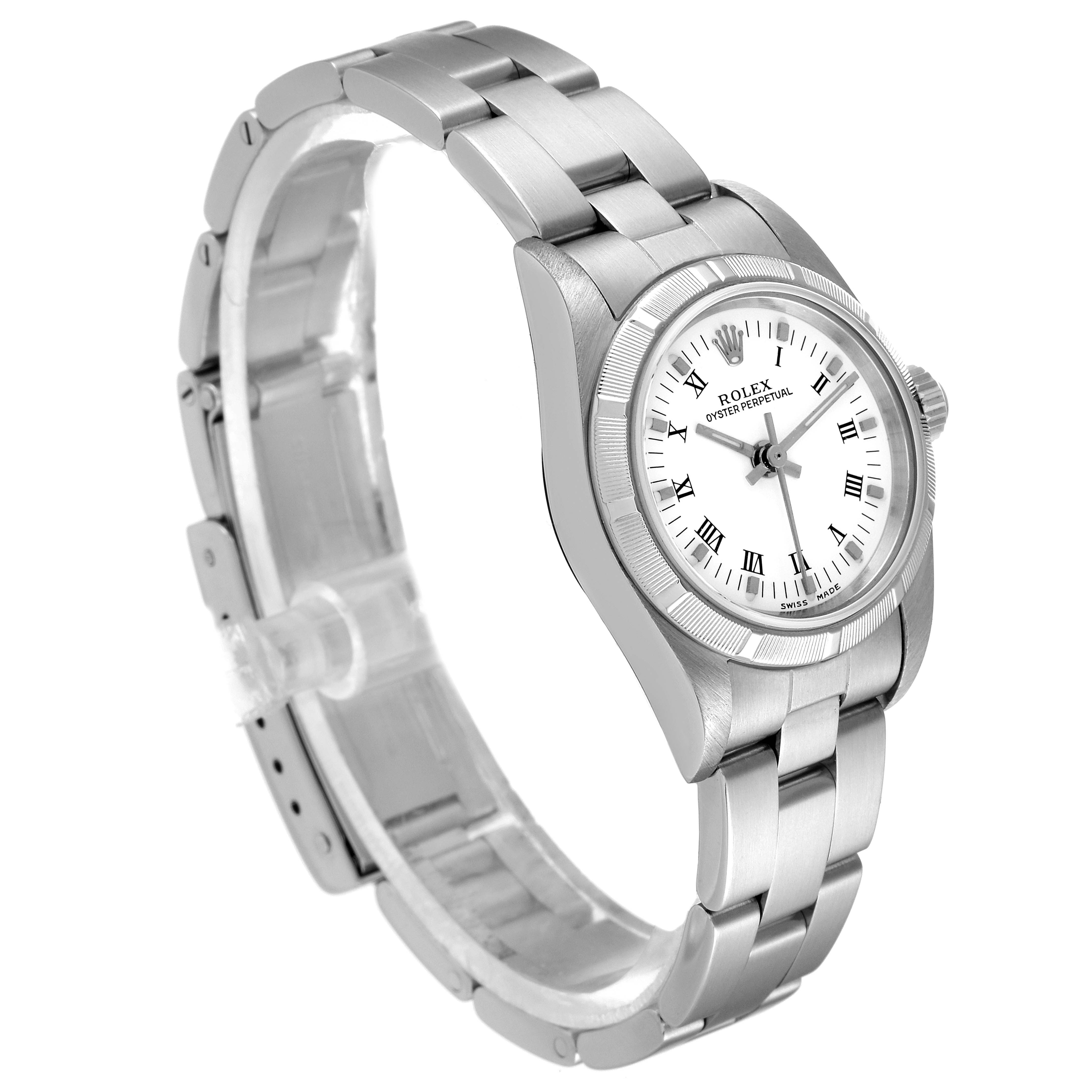 The image shows a side angle of the Rolex Oyster Perpetual 76030 Women's Stainless Steel White Dial 76030 Women's Stainless Steel White Dial watch, highlighting its stainless steel bracelet and bezel.