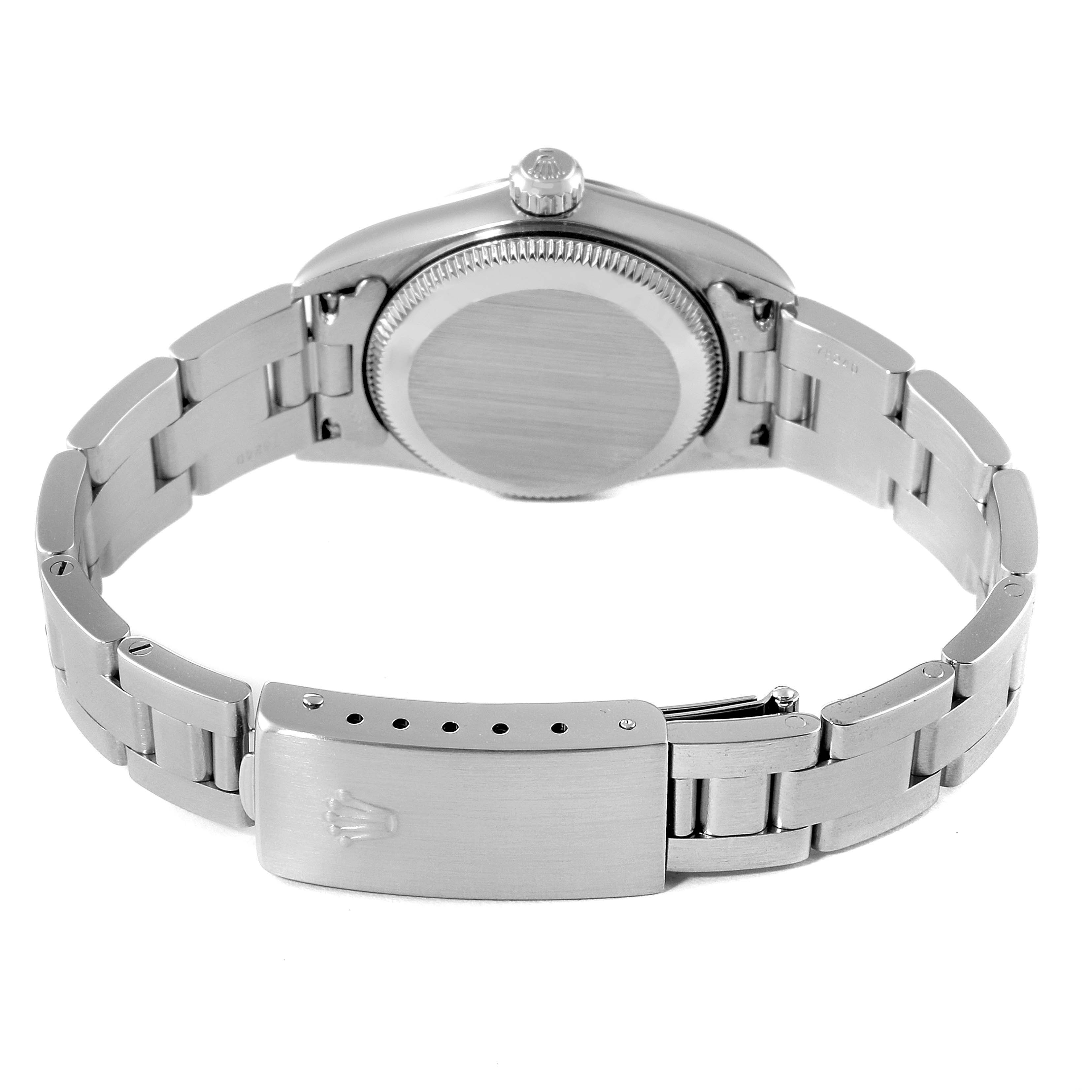 This image shows the back case and bracelet clasp of a Rolex Oyster Perpetual 76030 Women's Stainless Steel White Dial 76030 Women's Stainless Steel White Dial watch at a rear angle.