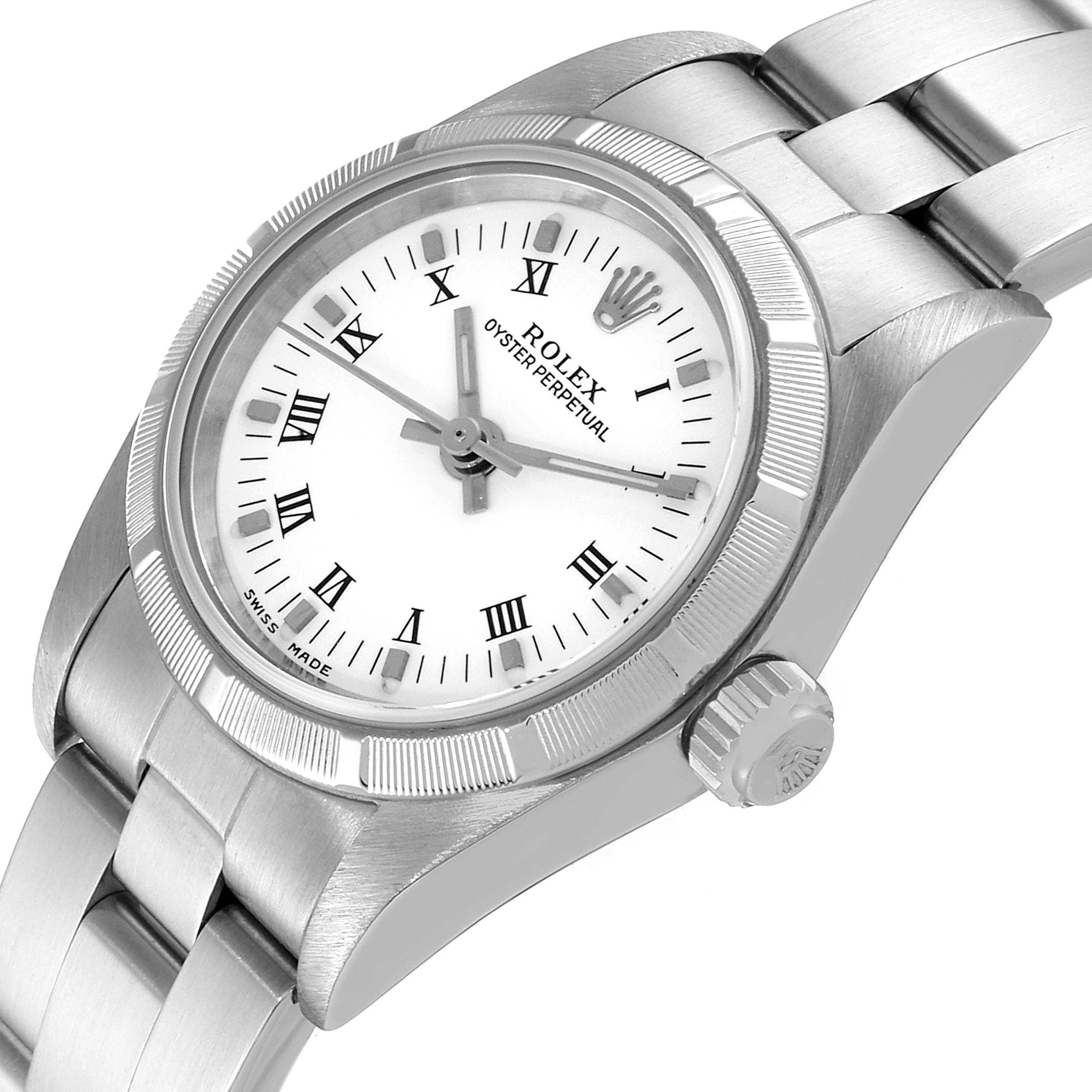 The image shows the face, bezel, and part of the band of a Rolex Oyster Perpetual 76030 Women's Stainless Steel White Dial 76030 Women's Stainless Steel White Dial watch from an angled perspective.
