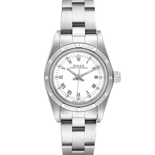 This image shows a front view of the Rolex Oyster Perpetual 76030 Women's Stainless Steel White Dial 76030 Women's Stainless Steel White Dial watch, highlighting the face, bezel, and bracelet.