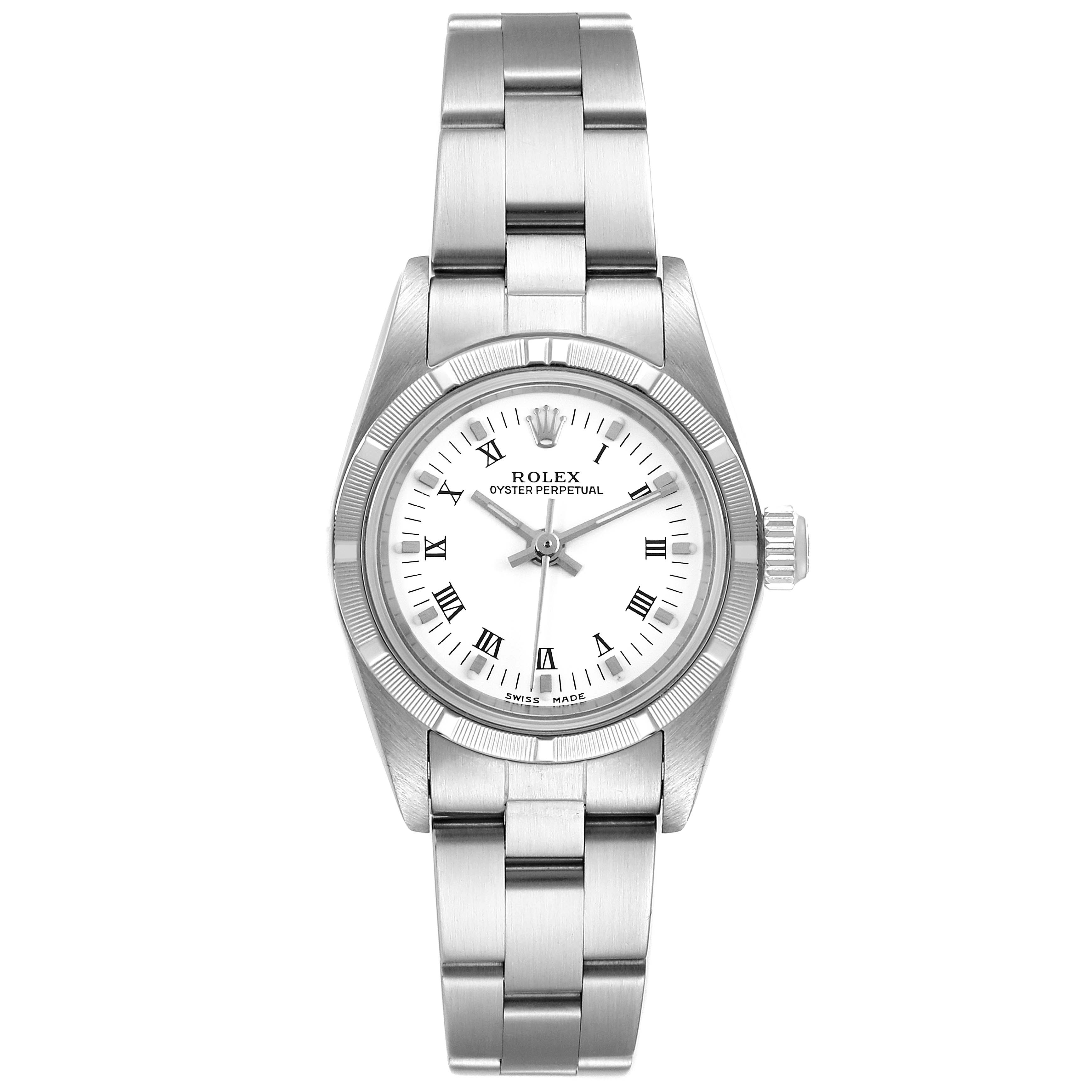 The image shows a front view of the Rolex Oyster Perpetual 76030 Women's Stainless Steel White Dial 76030 Women's Stainless Steel White Dial watch, including the face, bezel, and bracelet.