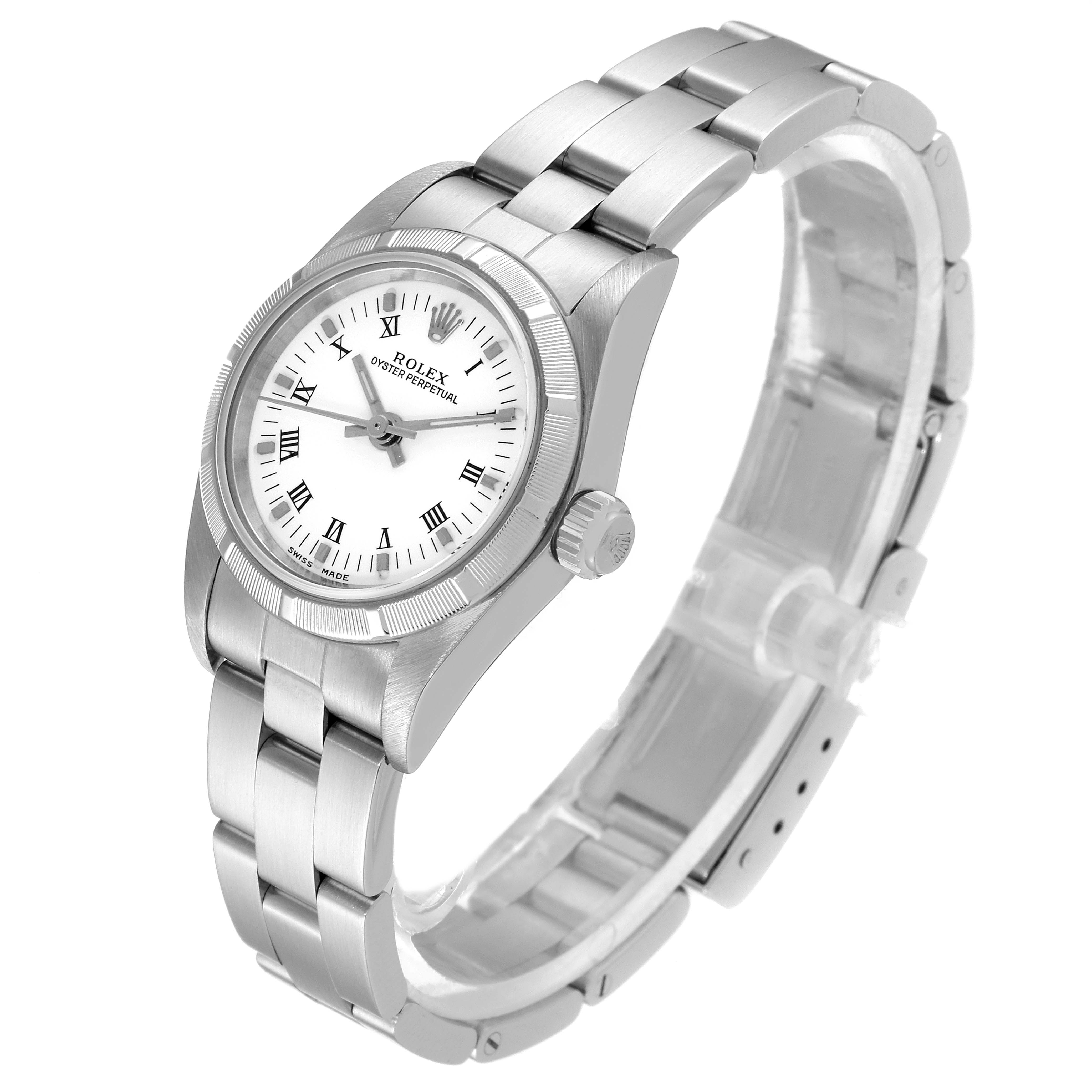 The image shows a Rolex Oyster Perpetual 76030 Women's Stainless Steel White Dial 76030 Women's Stainless Steel White Dial watch angled from above, highlighting the dial, bezel, and bracelet.