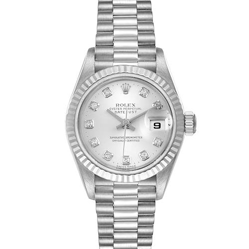 This image shows the front view of a Rolex President 79179 Women's White Gold Silver Dial 79179 Women's White Gold Silver Dial Datejust model watch, displaying the dial, bezel, and bracelet.