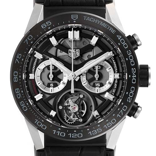 The image shows a straight-on view of a Tag Heuer Carrera CAR5A8Y.FC6377 Men's Titanium Black Dial CAR5A8Y.FC6377 Men's Titanium Black Dial watch, highlighting the dial, chronograph subdials, tachymeter, and tourbillon.