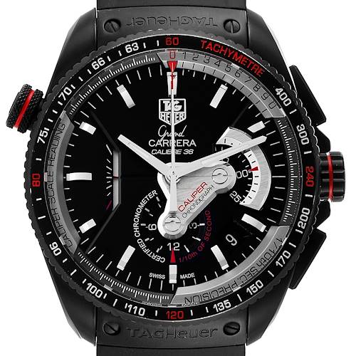 This image shows a close-up of the dial and bezel of the Tag Heuer Carrera CAV5185.FC6237 Men's Titanium Black Dial CAV5185.FC6237 Men's Titanium Black Dial Calibre 36 watch.