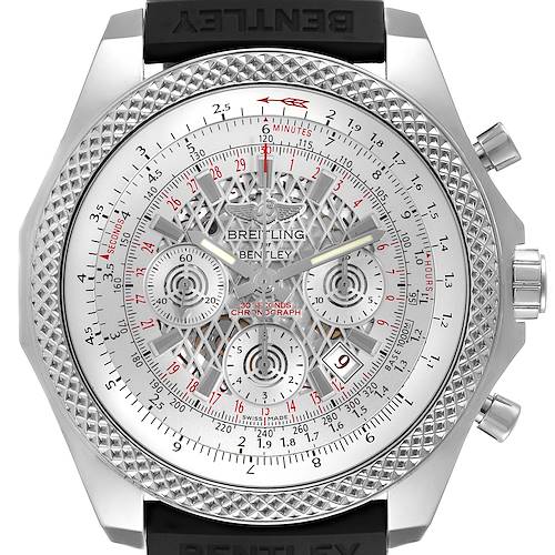 The Breitling Bentley AB061112/G768-990A Men's Stainless Steel Silver Dial AB061112/G768-990A Men's Stainless Steel Silver Dial watch is shown from a front angle, highlighting the intricate dial and textured bezel.