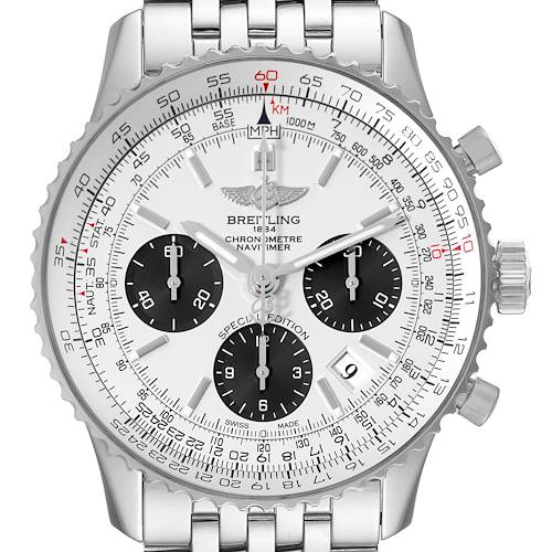 The image shows a front view of the Breitling Navitimer AB0120 Men's Stainless Steel Silver Dial AB0120 Men's Stainless Steel Silver Dial watch, highlighting its dial, bezel, and stainless steel bracelet.