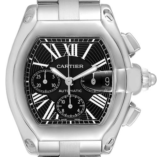 This image shows a Cartier Roadster W62020X6 Men's Stainless Steel Black Dial W62020X6 Men's Stainless Steel Black Dial watch from the front, showcasing its dial, hands, date window, and chronograph sub-dials.