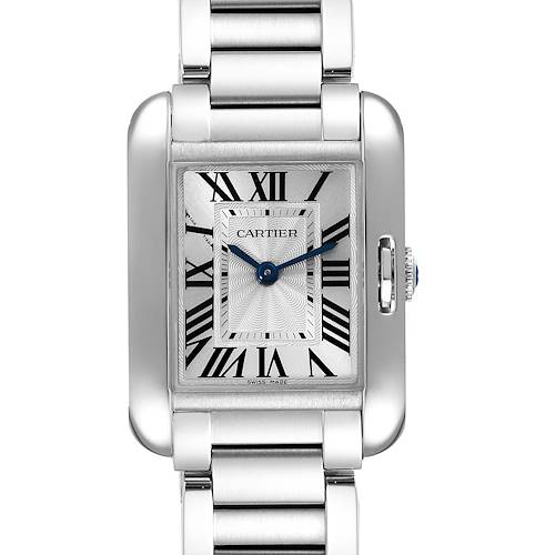 This image shows a front view of the Cartier Tank Anglaise W5310022 Women's Stainless Steel Silver Dial W5310022 Women's Stainless Steel Silver Dial watch, highlighting its dial, case, and part of the bracelet.