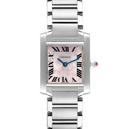 The image shows a front view of a Cartier Tank Francaise W51031Q3 Women's Stainless Steel Silver Dial W51031Q3 Women's Stainless Steel Silver Dial watch, highlighting its face, bezel, and stainless steel bracelet.