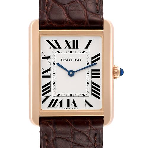 This image shows the front view of a Cartier Tank Solo W5200025 Men's Rose Gold Silver Dial W5200025 Men's Rose Gold Silver Dial watch, highlighting the rectangular dial, Roman numerals, and leather strap.