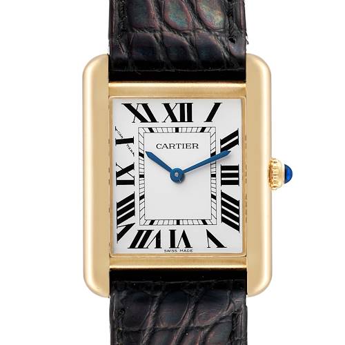 The image shows a close-up, frontal view of the Cartier Tank Solo W5200002 Women's Yellow Gold Silver Dial W5200002 Women's Yellow Gold Silver Dial watch, highlighting its dial, Roman numerals, and leather strap.