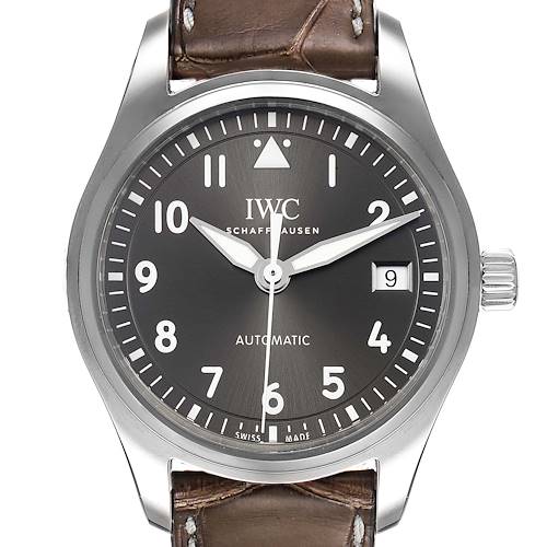 The image shows a front view of the IWC Pilot IW324001 Men's Stainless Steel Grey Dial IW324001 Men's Stainless Steel Grey Dial model watch, including its brown leather strap, dial, and crown.