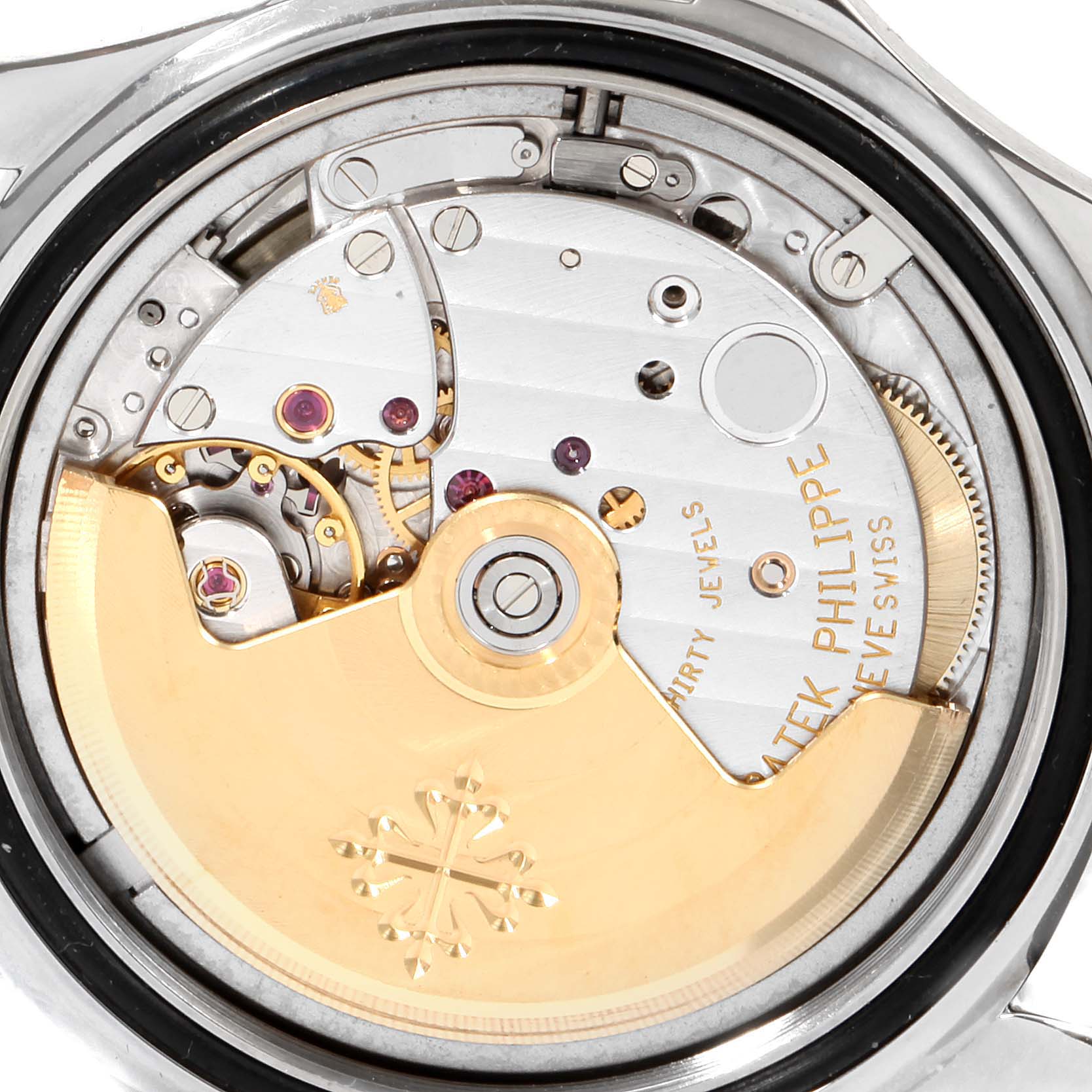 This is a close-up shot showing the movement of the Patek Philippe Aquanaut 5066 Men's Stainless Steel Black Dial 5066 Men's Stainless Steel Black Dial watch.