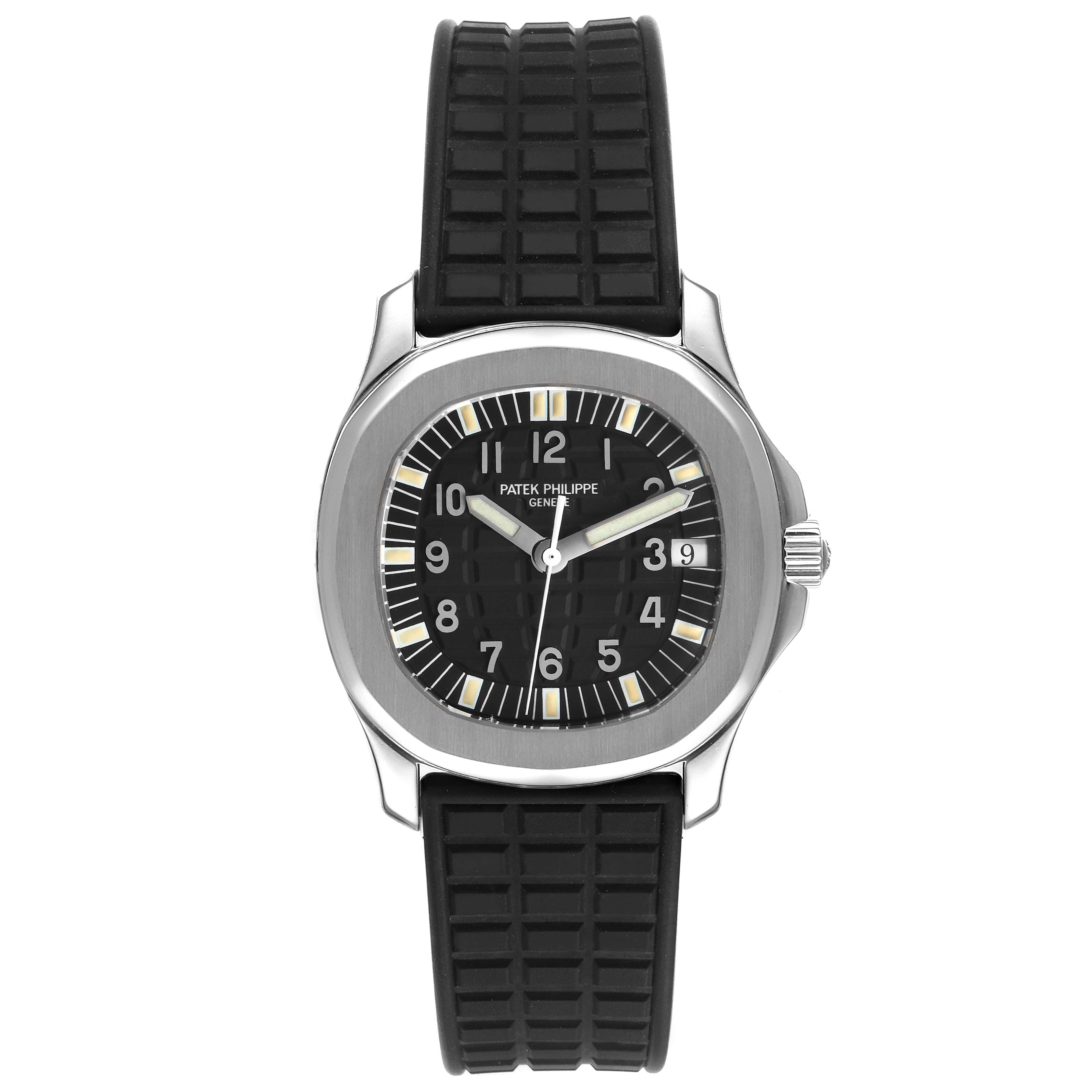 The image shows a front view of the Patek Philippe Aquanaut 5066 Men's Stainless Steel Black Dial 5066 Men's Stainless Steel Black Dial watch, displaying its black dial, silver bezel, and black rubber strap.