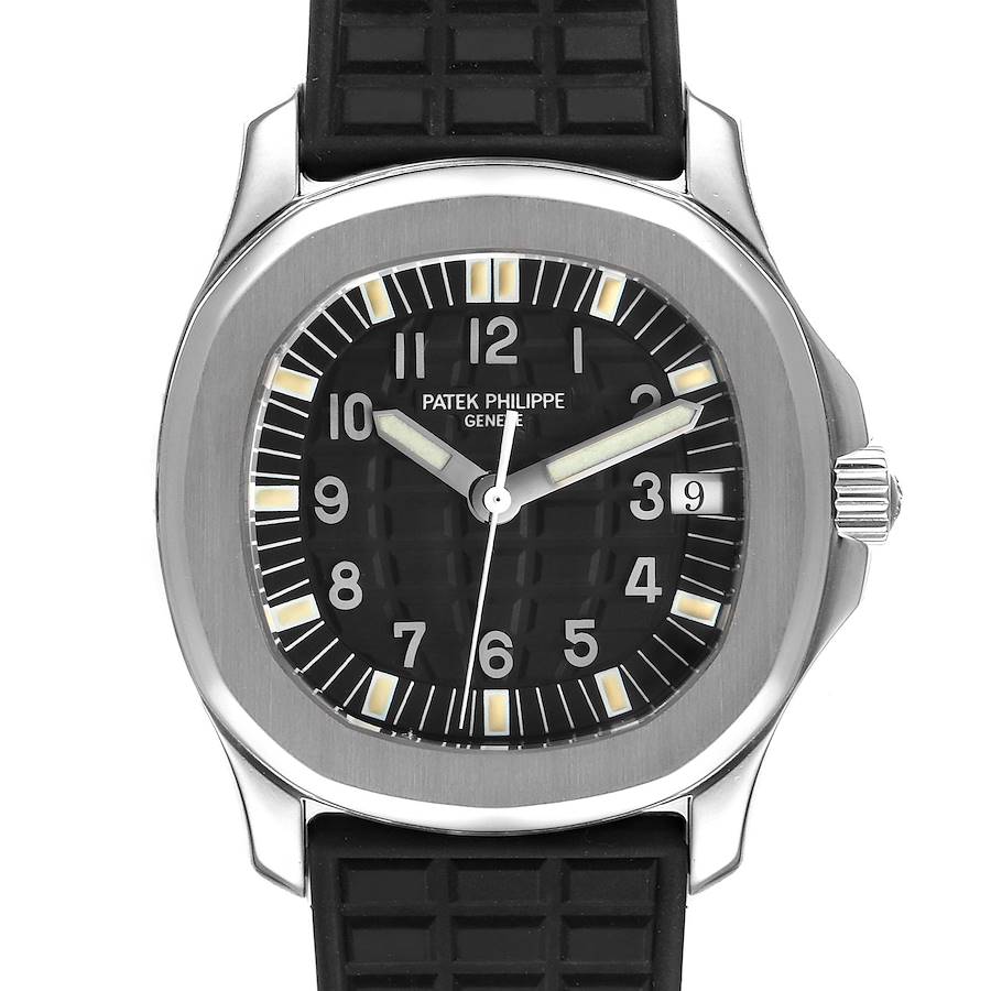 This image shows a front view of a Patek Philippe Aquanaut 5066 Men's Stainless Steel Black Dial 5066 Men's Stainless Steel Black Dial watch, highlighting its dial, hands, date window, and rubber strap.