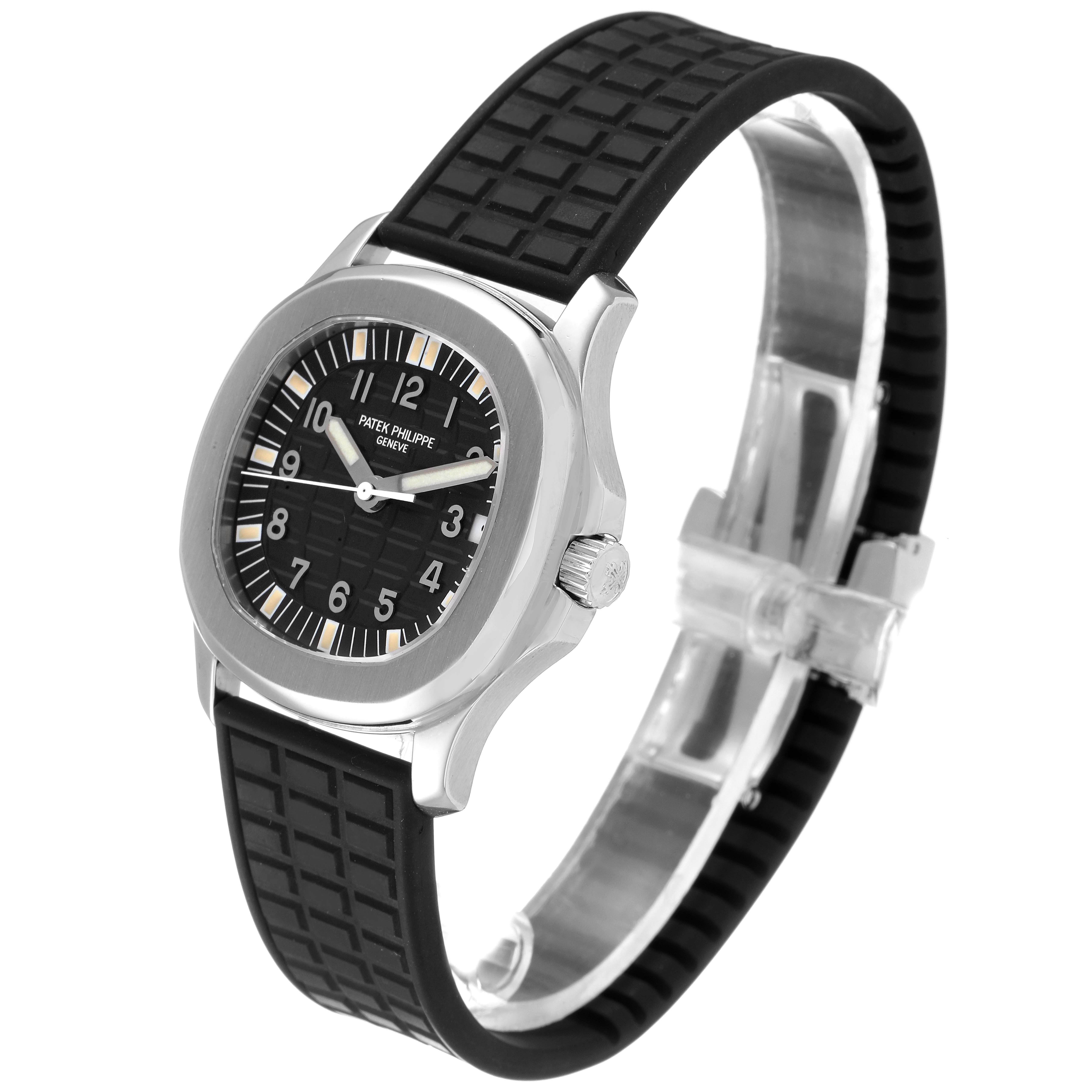 The image shows a Patek Philippe Aquanaut 5066 Men's Stainless Steel Black Dial 5066 Men's Stainless Steel Black Dial watch at an angle highlighting its face, case, and black rubber strap.