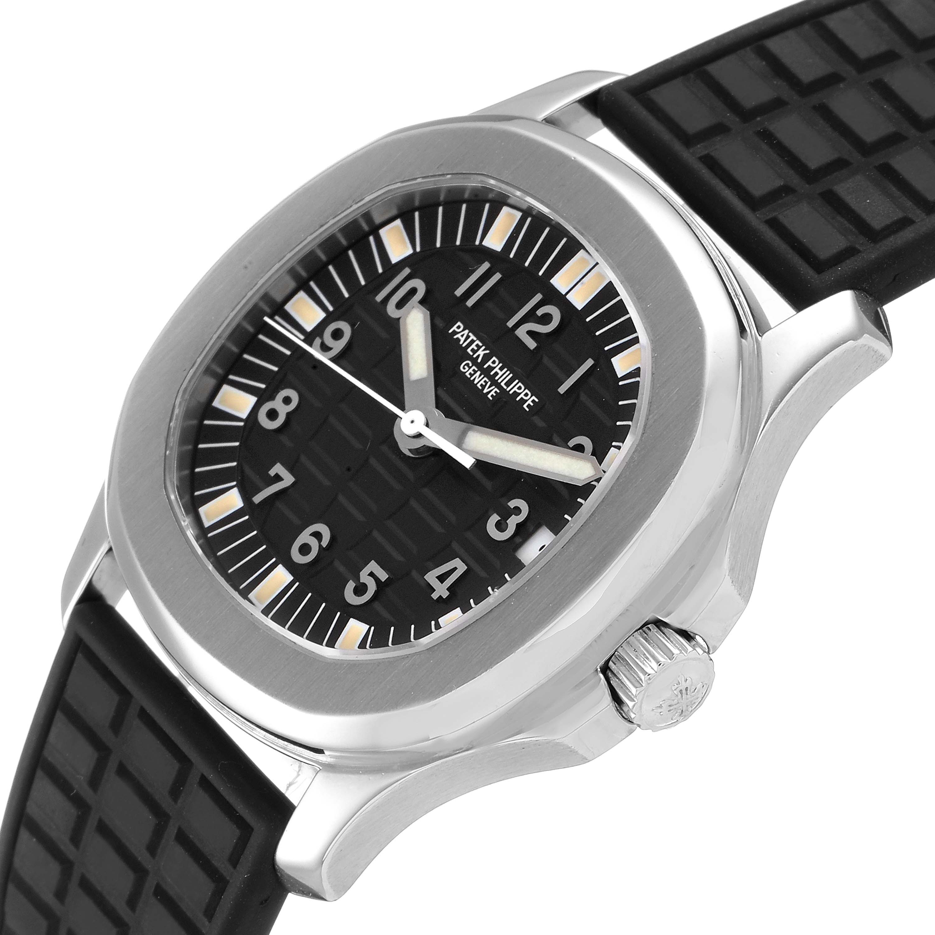 This Patek Philippe Aquanaut 5066 Men's Stainless Steel Black Dial 5066 Men's Stainless Steel Black Dial watch is shown from a three-quarter view, highlighting its face, crown, and strap.
