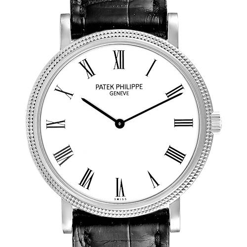 The image shows a frontal view of a Patek Philippe Calatrava 5120G Men's White Gold White Dial 5120G Men's White Gold White Dial watch, displaying its dial, bezel, and leather strap.