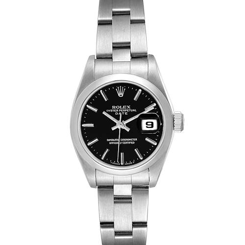 The image shows a Rolex Date 69160 Women's Stainless Steel Black Dial 69160 Women's Stainless Steel Black Dial model watch from a front angle, clearly displaying its black dial, bracelet, and the signature date window.