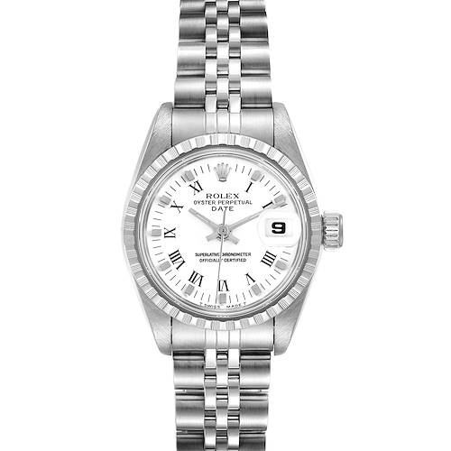 This image shows a front view of a Rolex Date 69240 Women's Stainless Steel White Dial 69240 Women's Stainless Steel White Dial model watch, highlighting its dial, bezel, bracelet, and date function.
