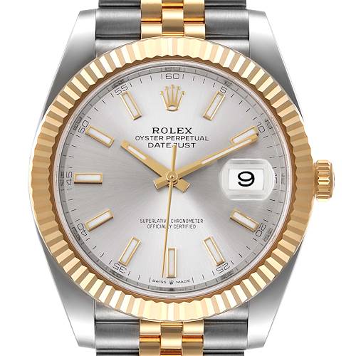 This image shows a front view of the Rolex Datejust 41 126333 Men's Steel and Gold (two tone) Silver Dial 126333 Men's Steel and Gold (two tone) Silver Dial, highlighting the dial, hands, crown, and part of the bracelet.