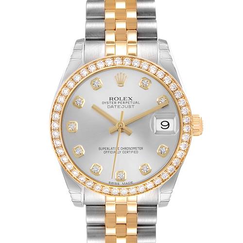 The Rolex Mid-Size 178383 Women's Steel and Gold (two tone) Silver Dial 178383 Women's Steel and Gold (two tone) Silver Dial model is shown from the front, featuring a diamond-studded bezel and two-tone bracelet.