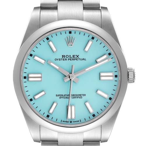 The Rolex Oyster Perpetual 124300 Men's Stainless Steel Blue Dial 124300 Men's Stainless Steel Blue Dial watch is shown from a front angle, highlighting the dial, bezel, and bracelet top.